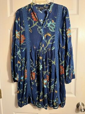 Anandas collection Navy Floral Long-Sleeve Midi Dress L